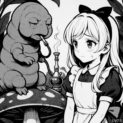 フーカ(水タバコの一種で香りのついた煙を水で冷やして吸う喫煙具)を口にくわえたイモムシとアリス