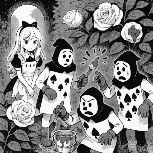 アリスと白のバラを赤く塗る従者たち